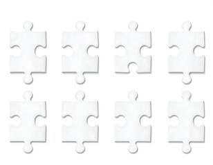 Fototapeta premium Six blank white jigsaw puzzle pieces arranged in a grid