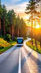 Bus on Scenic Road - A Journey Through Natures Beauty.