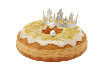 Isolated French galette des rois, king cake for Epiphany celebration decorated with crown