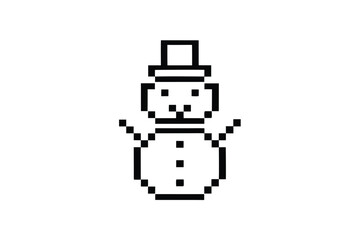 Pixelated Snowman Icon with a Hat, Simple Black Outline on White Background,