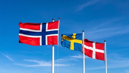 Flags of Norway and Iceland waving against a clear sky symbolizing national pride and global unity