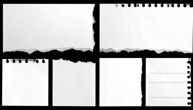 Six pieces of torn paper on a black background