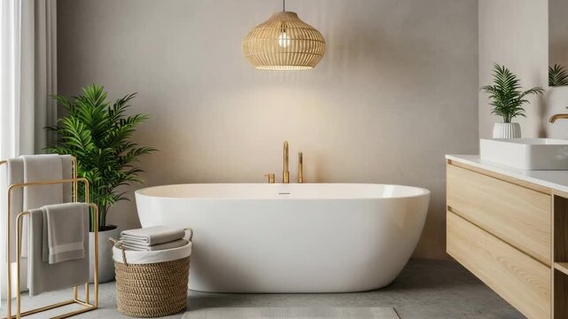 Bright and airy bathroom interior with a freestanding tub, wooden accents, and a woven basket, creating a serene and inviting space for relaxation and rejuvenation ai generated vedio