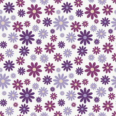 Floral seamless pattern on a light background in trendy colors, flat design, vector. Abstract flowery pattern for fabric, wrapping paper, packaging, labels. Flowers in lilac, purple shades, background