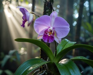 Exotic purple orchid flower blooming in lush tropical rainforest sunlight rays