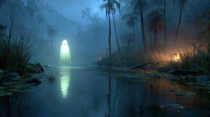 Spooky swamp scene with a glowing ghost and palm trees in a mystical forest