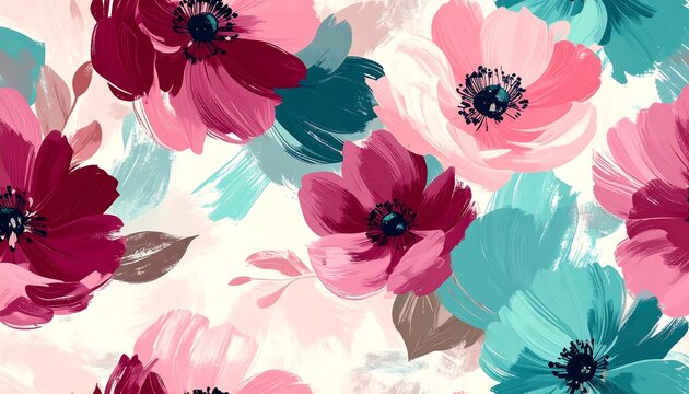 A vibrant, colorful floral pattern featuring large brushstroke flowers