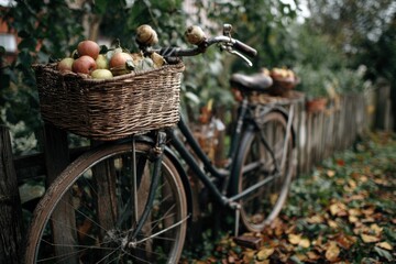 vintage bicycle with basket of apples autumn harvest rustic countryside scene concept of nature lifestyle travel organic food marketing