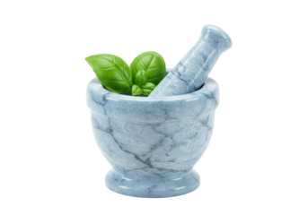 Isolated marble mortar and pestle, basil leaves inside for pesto preparation, cooking herbs