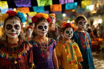 group of kids in sugar skull face paint smiling gazing at camera at night festival with papel picado decorations d&iacute;a de los muertos concept of folklore celebration tourism