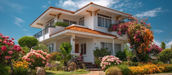 Fototapeta premium Beautiful residential house with orange roof and vibrant flower garden under blue sky