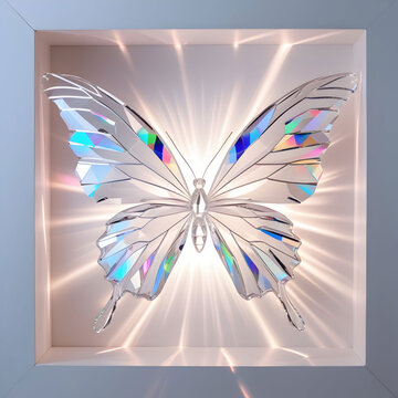 illustration with top view of group of colorful butterflies with shinning transparent wings sitting on blue background
