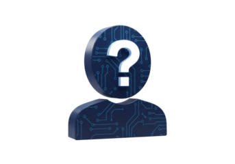 Isolated 3D render of a blue circuit board person icon with a question mark head representing unknown user identity or digital privacy issues