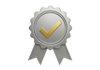 Isolated silver award ribbon badge with golden checkmark symbol for quality guarantee and success achievement