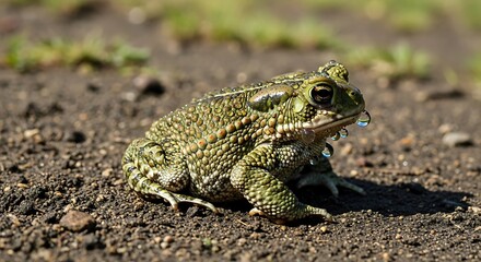 Obraz premium Close-up side view of a green toad with water droplets on its face sitting on dark soil