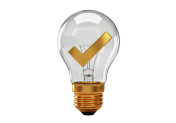 Isolated light bulb with golden checkmark inside representing a brilliant idea solution success approval quality innovation concept
