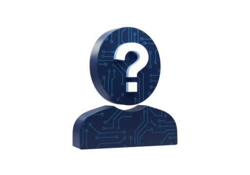 Isolated 3D render of a blue circuit board person icon with a question mark head representing unknown user identity or digital privacy issues