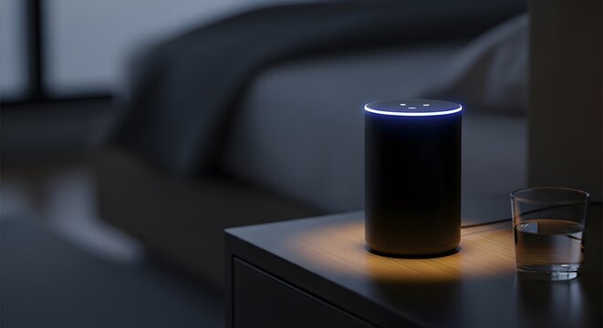 Close-up of a smart speaker device with a glowing light ring on a bedside table in a dark, modern bedroom at night