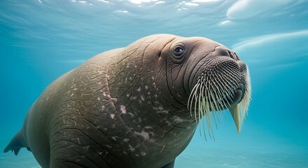 Fototapeta premium Close-up underwater portrait of a walrus with long tusks and whiskers in clear blue water