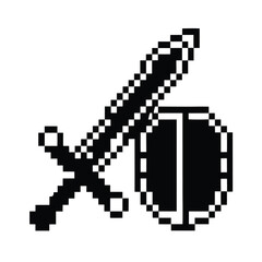 Pixelated Sword and Shield Icon Design, Medieval Combat Gear on White Background