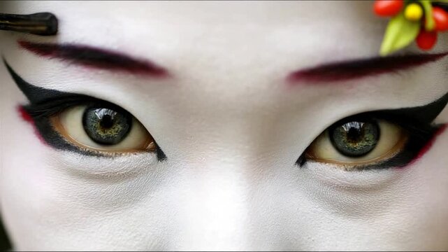 Extreme Close Up of Geisha Eyes Revealing Intricate Makeup and Expressive Gaze.