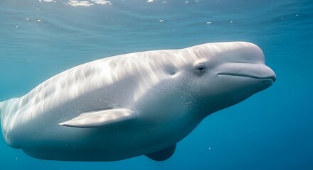 Fototapeta premium Close-up Underwater Shot of a Beluga Whale Swimming in Clear Blue Ocean Waters