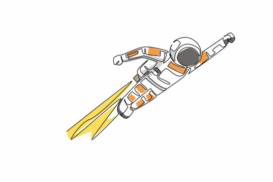 Single one line drawing astronaut flying using jetpack. Technology that makes things easier. Collecting data faster. The cosmonaut. National Astronaut Day. Continuous line design graphic illustration