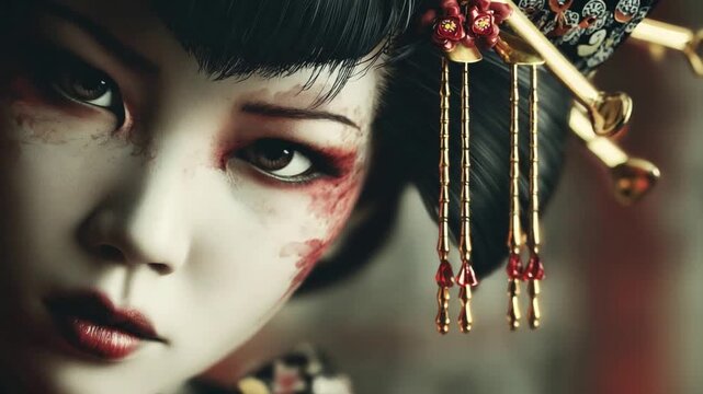 Intense Close-up of Geisha Face with Dramatic Makeup and Ornate Hairpiece.