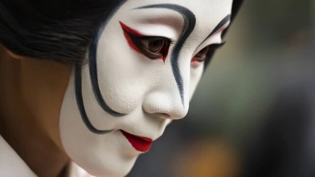 Detailed Close Up of Traditional Kabuki Performer with Dramatic Makeup.