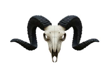 Isolated ram skull with large dark curved horns ancient animal bone head for gothic fantasy Halloween themes tribal mystical decoration object