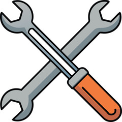 Glossy metallic crossed wrench and screwdriver vector illustration icon isolated on transparent background