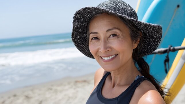 Active senior woman of Asian descent having fun surfing on the beach, embracing the healthy lifestyle. 