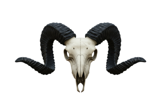 Isolated ram skull with large dark curved horns ancient animal bone head for gothic fantasy Halloween themes tribal mystical decoration object