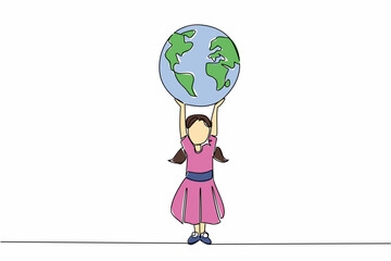 Single one line drawing a girl holds up a large globe. The world is more colorful without violence against girls. Protect her rights. Day of Children. Continuous line design graphic illustration
