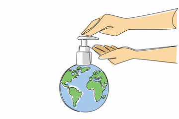 Single one line drawing globe topped with the top of soap bottle. Global concern requires hand washing. For healthy living. Protect. World Hand Hygiene Day. Continuous line design graphic illustration