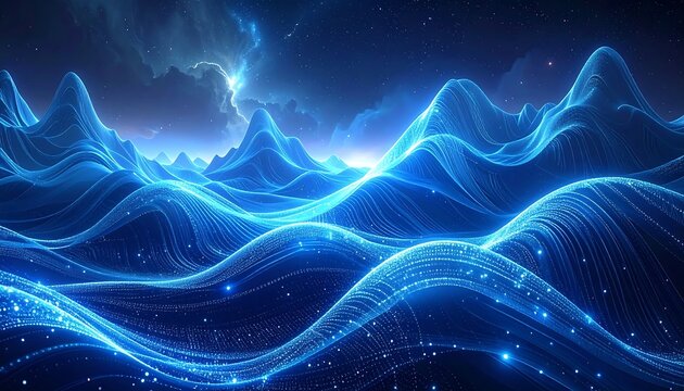 Abstract digital art depicting luminous waves and mountain shapes in blue tones - Powered by Adobe
