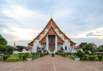 Front of Wihan Phra Mongkhon Bophit in the evening, a Thai temple in Ayutthaya.