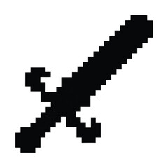 Pixelated Sword Icon, 8bit Black Weapon, Retro Game Style, White Background Art