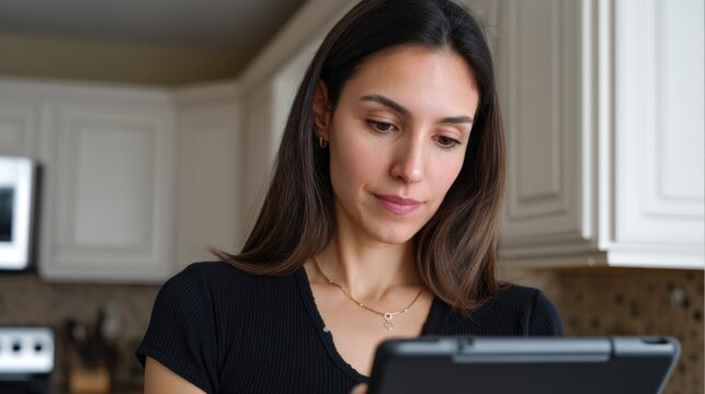 Brunette woman of Middle Eastern descent using a tablet in her well-lit home kitchen. 