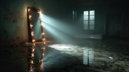 Mysterious illuminated mirror in a dark room with light rays and reflections