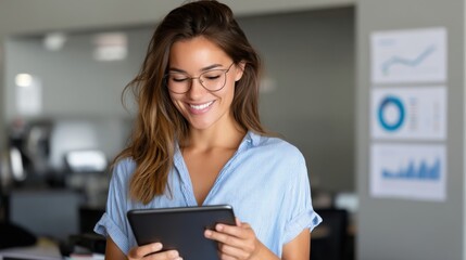 Cheerful businesswoman in office reading digital reports on tablet, tracking goals. 