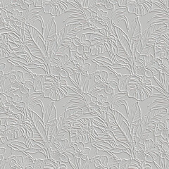 Seamless monochrome line art textured pattern with a 3D embossed tropical floral design. With relief of palm leaves, monstera and hibiscus flowers on light gray background. Elegant wallpaper texture. © Elmar