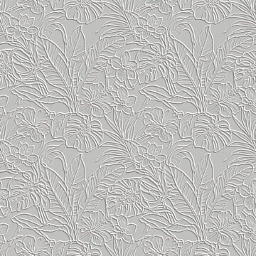 Seamless monochrome line art textured pattern with a 3D embossed tropical floral design. With relief of palm leaves, monstera and hibiscus flowers on light gray background. Elegant wallpaper texture.