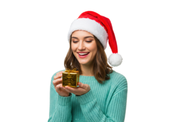Smiling woman in Santa hat holding a golden gift box isolated PNG, Christmas present