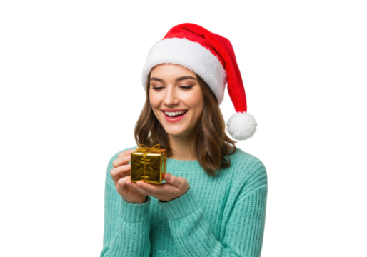 Smiling woman in Santa hat holding a golden gift box isolated PNG, Christmas present