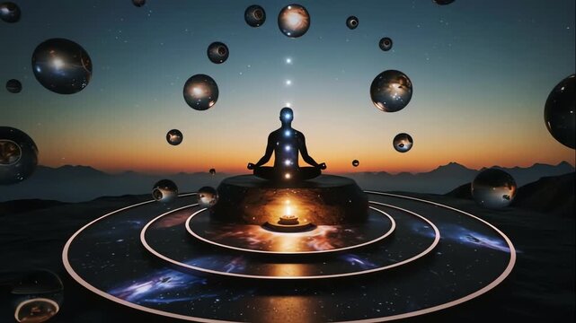 Silhouette of human figure in lotus pose with floating glowing chakras and cosmic spheres reflecting galaxies above mountain horizon on futuristic platform, concept of spiritual awakening