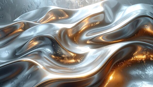 Abstract flowing metallic surface, glossy silver and gold color, 3d render, modern art - Powered by Adobe