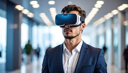 Man Wearing Virtual Reality Headset in Modern Office Building with Blurred Background Business Casual and Artificial Light