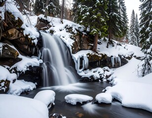 A waterfall cascades through a snowy winter forest