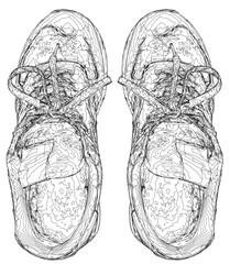 Black and white sneakers with laces sketched in contour style on a plain white background. This free printable coloring page is perfect for kids who enjoy sports and creative activities. Top view